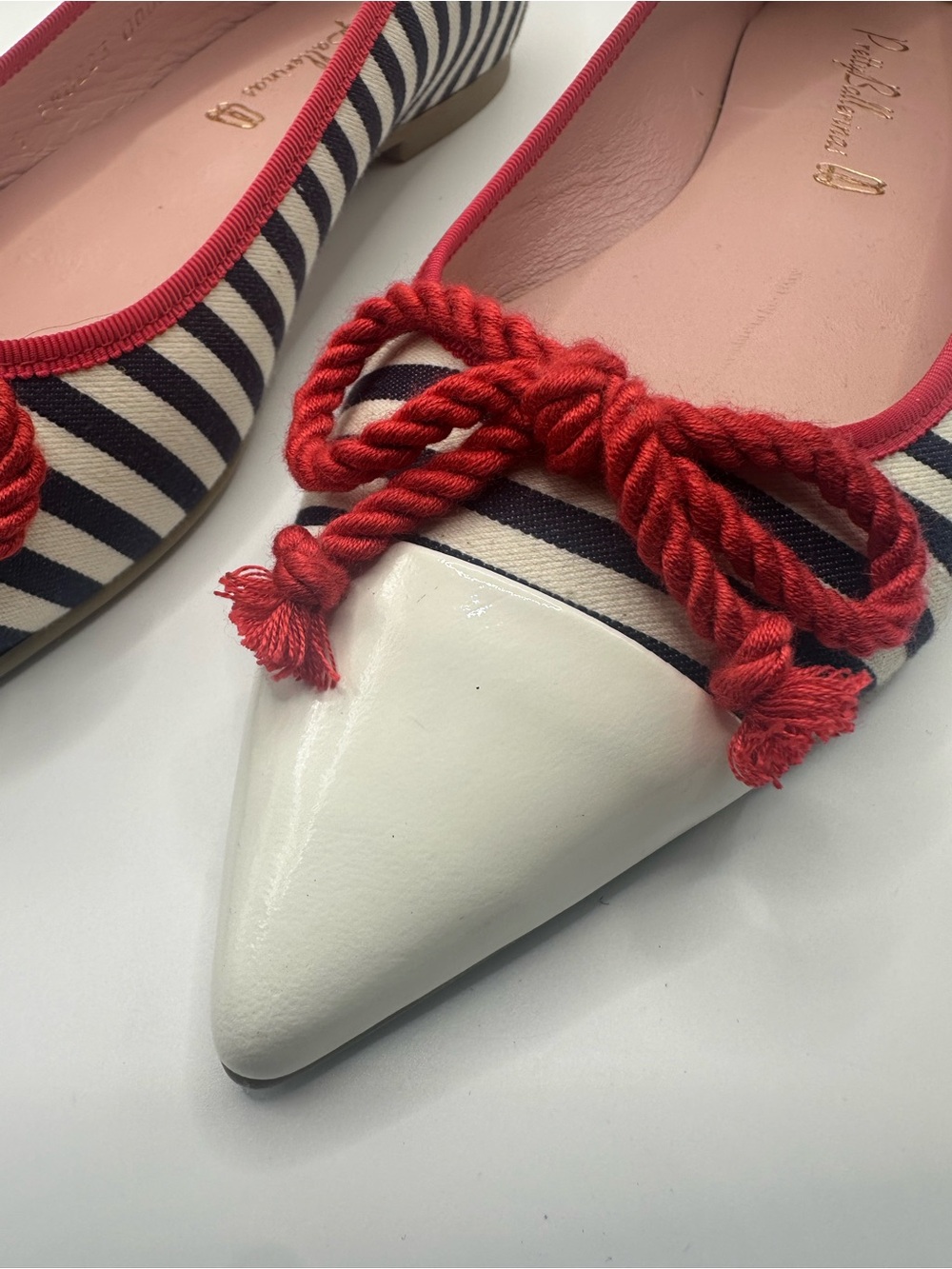 New Pretty Ballerinas Striped Pointed Toe Ballet Flats with Red Rope Bow
